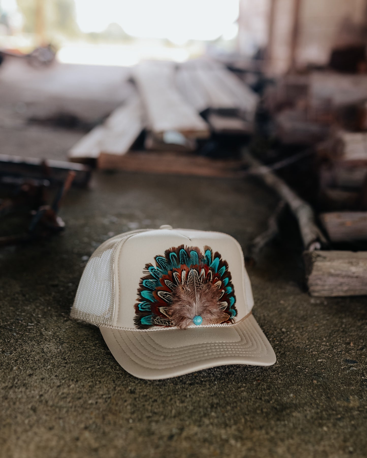 Tan Feather Trucker Hat