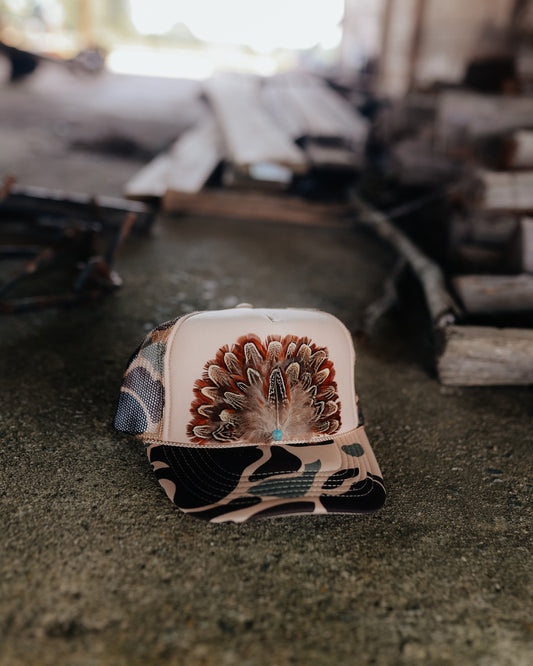 Tan Camo Feather Trucker Hat