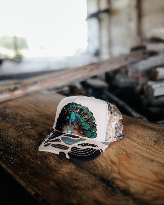 Tan Camo Feather Trucker Hat