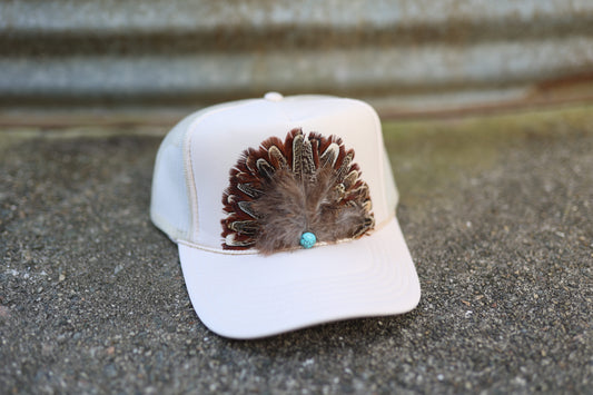 Tan Feather Trucker Hats with Turquoise