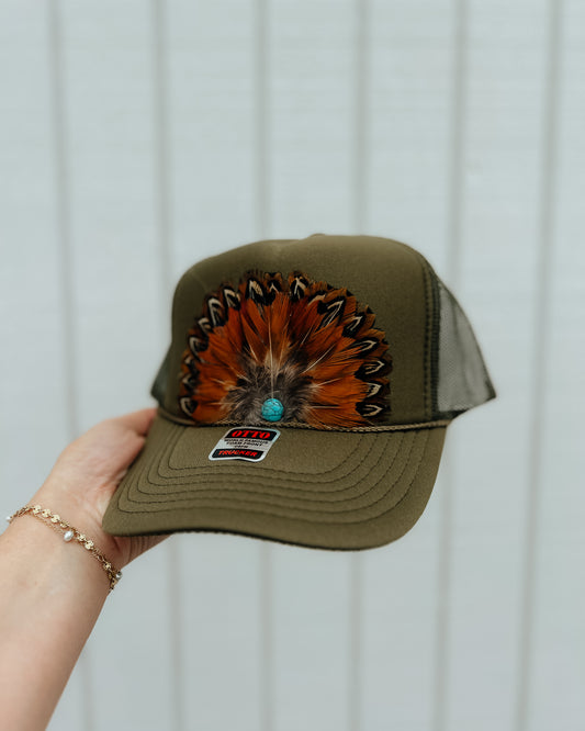 Olive green feather trucker hat with turquoise