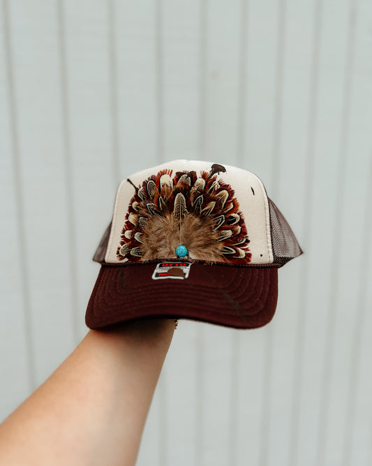 Tan/Brown Splatter Trucker Hat with turquoise