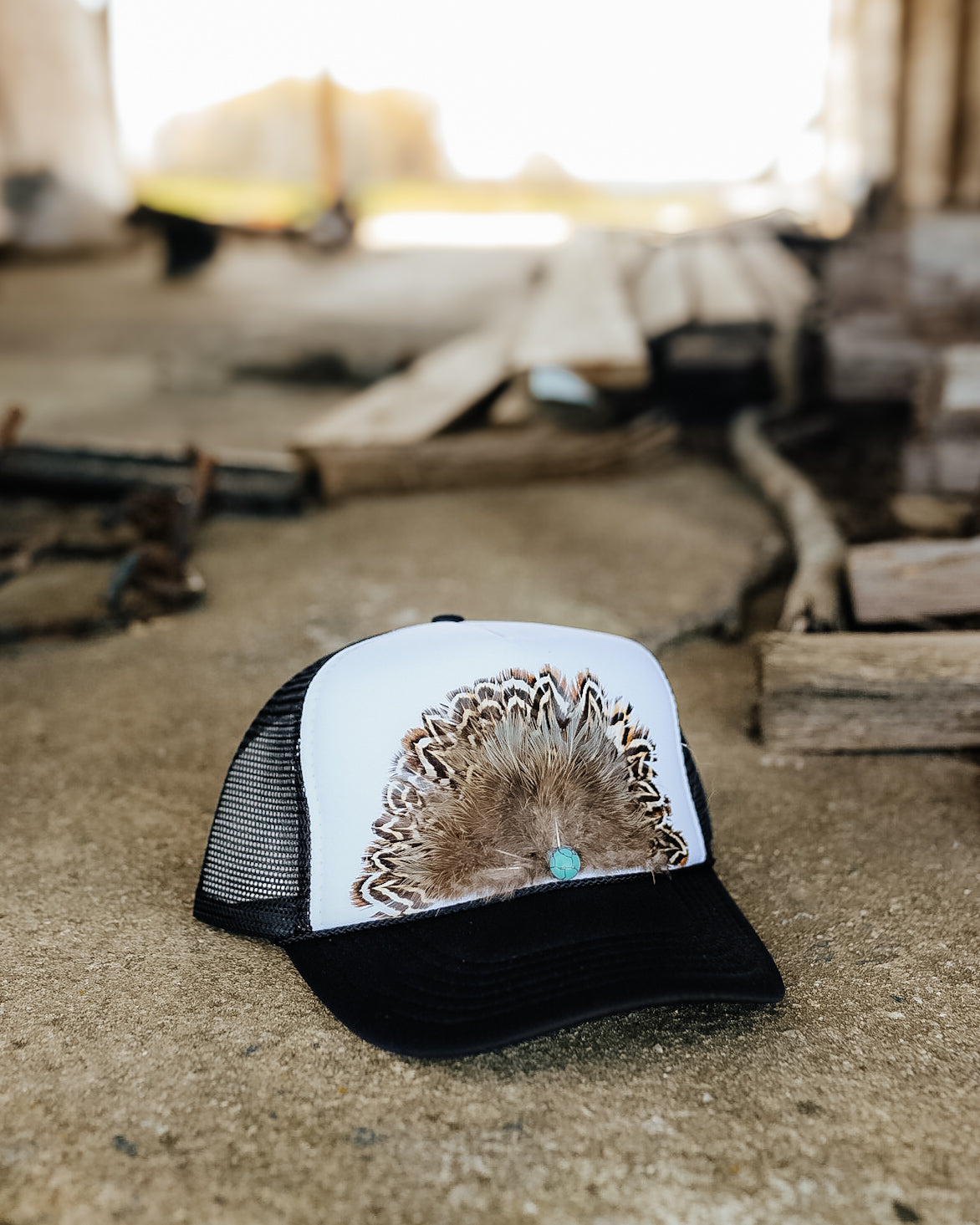 Black/White Feather Trucker Hat with Turquoise